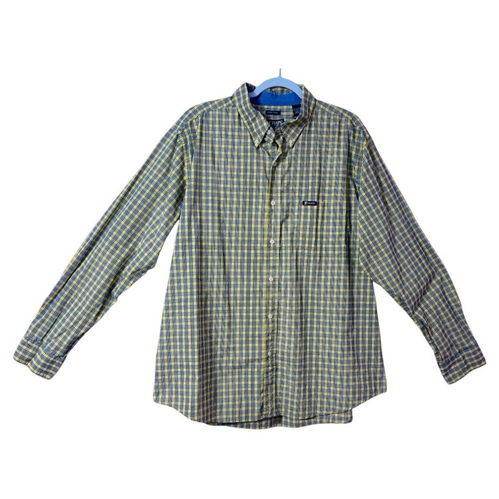 Chaps Easy Care Men Button Down Shirt Yellow Blue Plaid 2XL Academia Cabincore